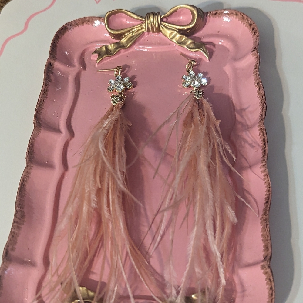 Pink Feather & Rhinestone Dangle Earrings NEW!